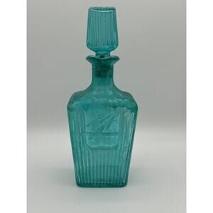 Vintage‎ Aqua Blue Glass Liquor Decanter L-9618 Ribbed Design Stopper 10” RARE